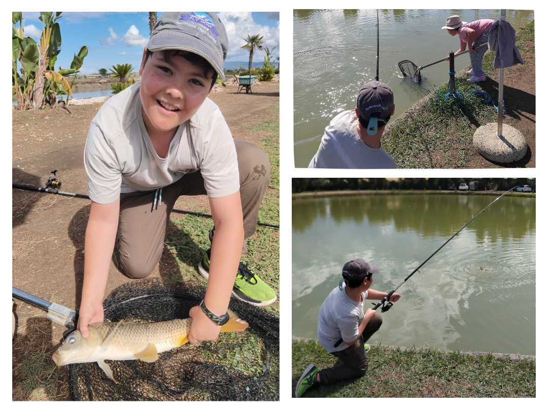 A photo collage of 3 images. A boy is smiling happily showing off the fish that he caught. His sister is helping him reel a fish in with a net