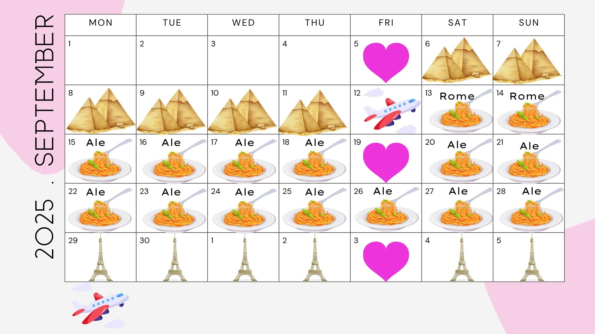 A calendar that has images of pyramids, pasta and Eiffel tower, with air planes for trip dates