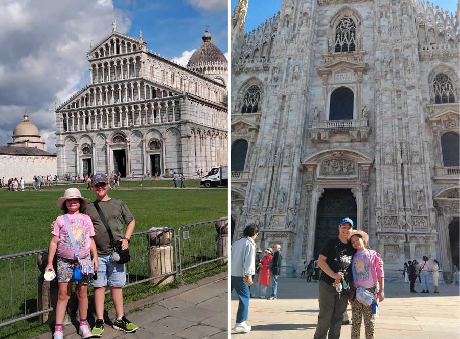 Two images side by side. The first has brother and sister in front of the Duomo in Pisa and the second in front of the Duomo in Milano