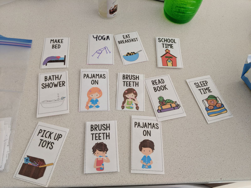 Images of a variety of visual schedule activities such as brushing teeth, putting pyjamas on, school time