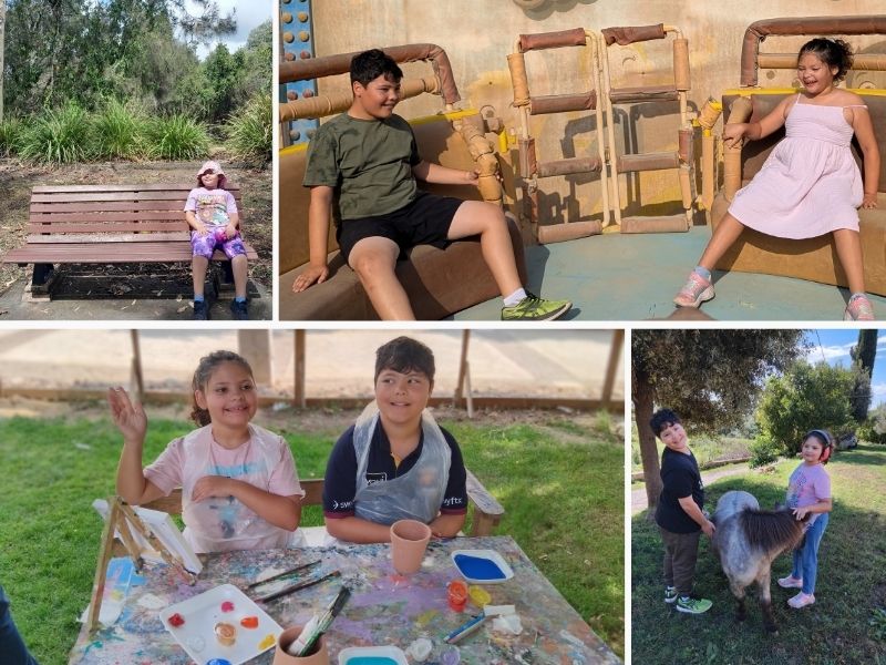 Collage of 4 images. Top left is a girl sitting on a bench in nature. Top Right is brother and sister on amusement ride. Bottom left is brother and sister painting outdoors. Bottom right is brother and sister patting a pony
