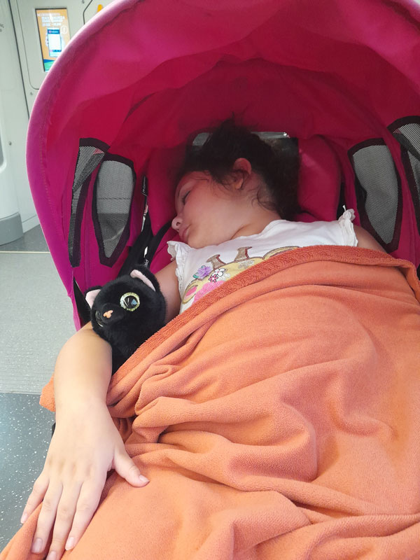 Child covered with an orange blanket, sleeping in a stroller with a black cat stuffed toy under her arm