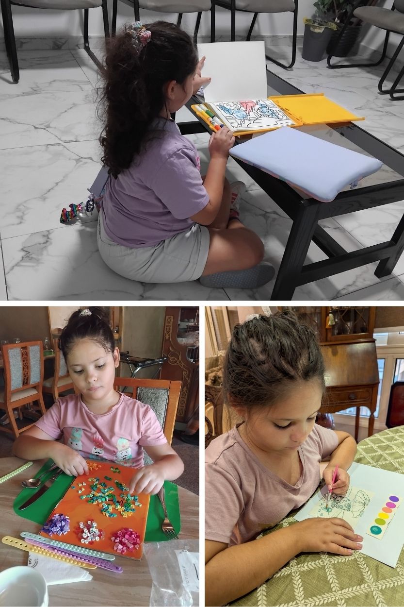Collage of 3 images of a girl doing activities while waiting. Top image is colouring in, bottom left is making bracelets with lego dots and bottom right is water colour painting