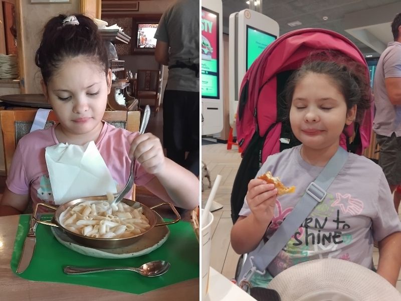 two side by side images of a girl eating pasta and the same girl eating a McDonald's burger