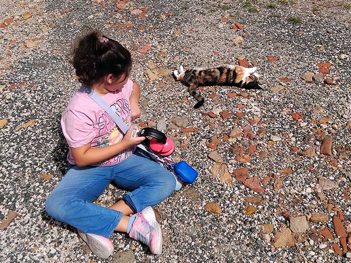A girl is sitting on a gravel driveway looking at a cat that is sunning itself