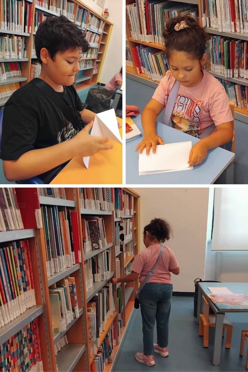 Collage of 3 images. Top right is a boy doing origami in the library. Top left is a girl folding paper in the library and bottom image is a girl scanning the books on the shelves of the library