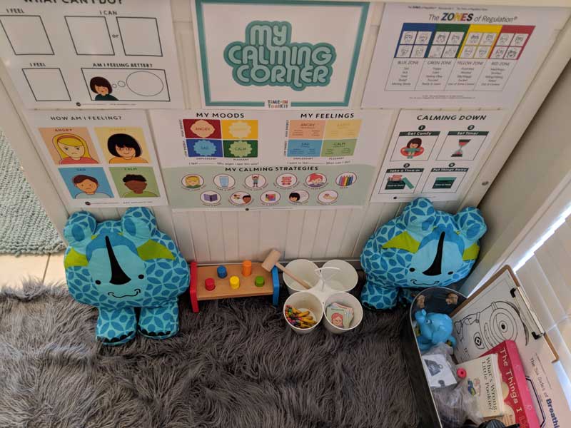 Image of a claming corner used to teach regulation skills to children. It has posters, stuffies and regulation tools