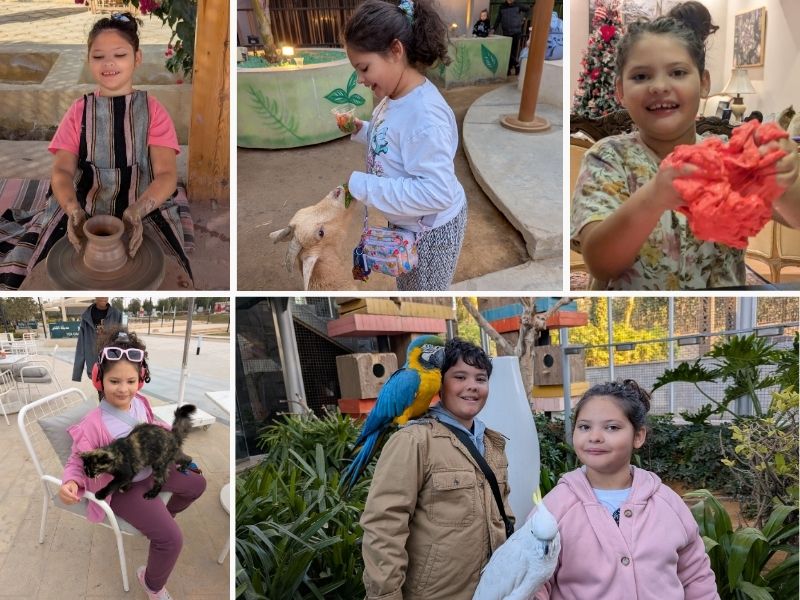 Collage of photos showing a brother and sister experience different sensory and animal experiences including pottery, feeding animals and playing with slime