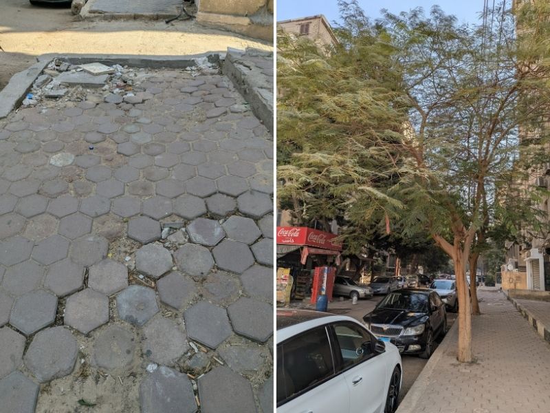 Image on left shows broken tiles in a footpath, while image on right shows trees and greenery on the same path