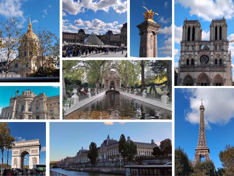 Collage of landmarks in Paris including Eiffel Tower, Arc de Triomphe, Notre Dame