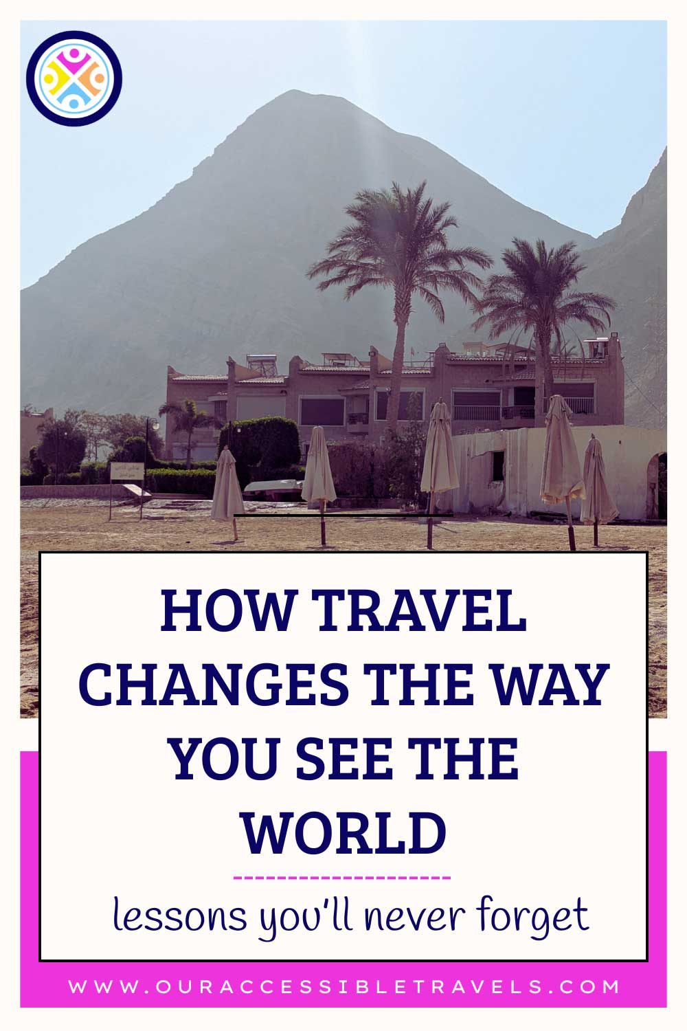 Pin with an image of a beach on the Red Sea with Navy Text: How Travel Changes the Way You See the World