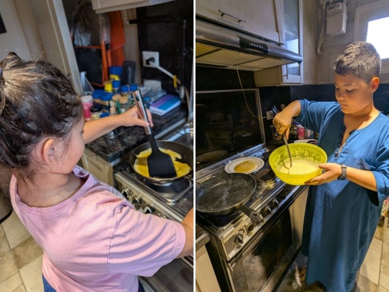 image on left shows a girl making an omlette and image on right shows a boy making pancakes