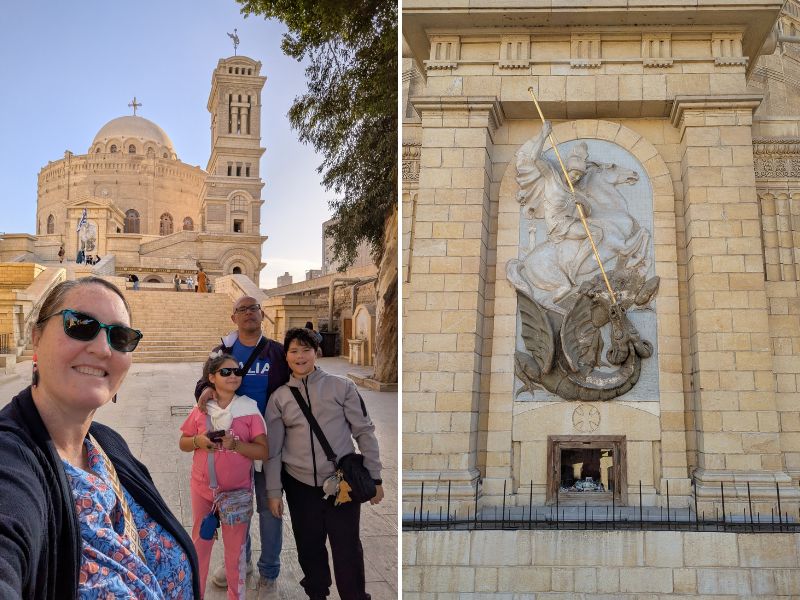 Family of 4 smiling at the camera in the courtyard outside of St George's Church and a close up of the relief statue of St George slaying the dragon that is on the external wall of the church