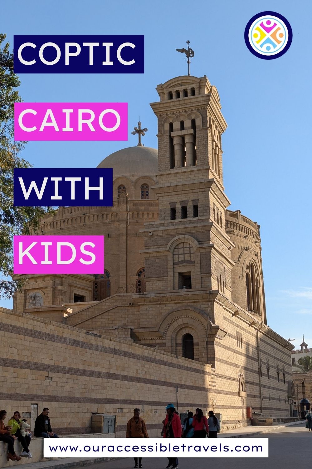 Vertical pin with Church of St George in the background and Coptic Cairo with Kids and website written on top