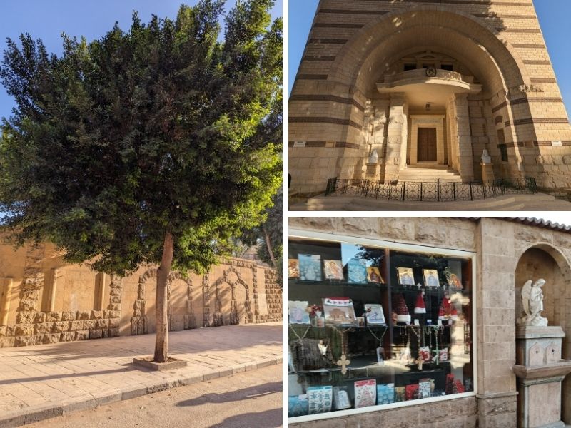 Collage showing external courtyard including tree, shop and marble statues