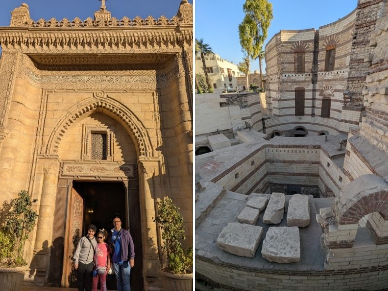 Photo of a family standing in front of the Haning Church entrance, and a photo of the remains of the Babylon Fortress