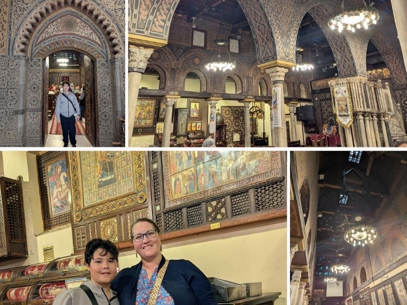 Photo collage showing a young boy in front of ornate wooden carving entrance, another of the pulpil and ornate decorative touches, one of a mother and son standing in front of religious artwork and one showing the arched ceiling and lights