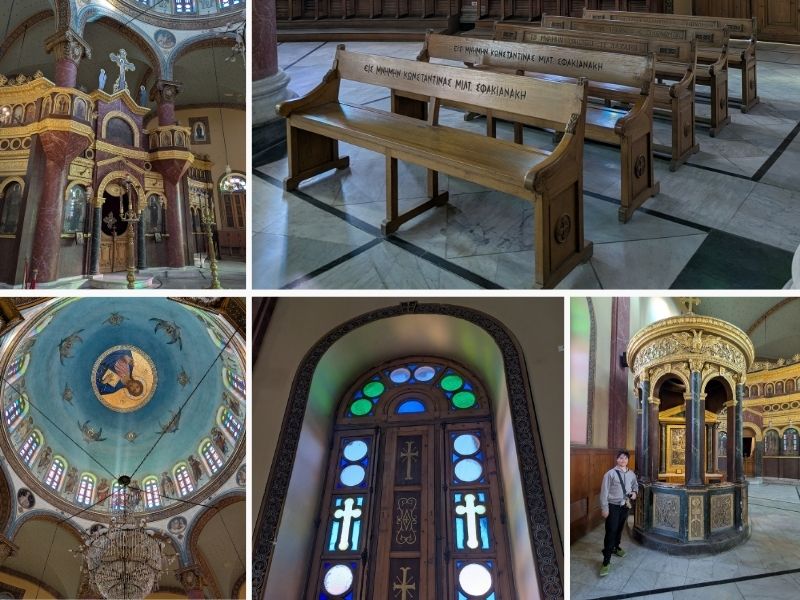 Collage of images inside St George's Church including pews, painted domed ceiling, windows, pulpit and altar