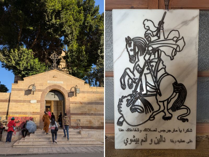 Entrance to St George's Church and a depiction of St George slaying the dragon with Arabic writing underneath
