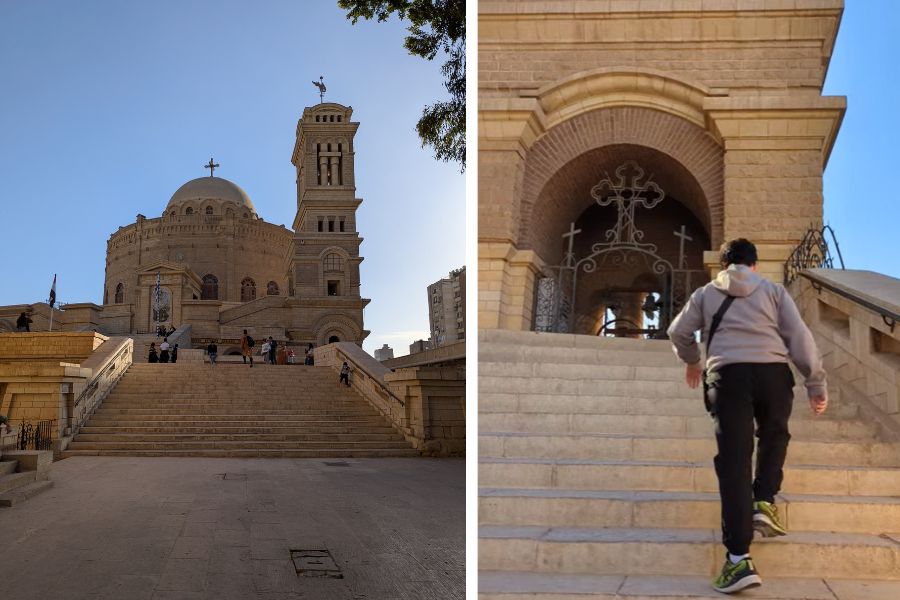 Image on left shows the stairs leading up to St George's Church and on the right it shows a boy walking the stairs up to the belltower