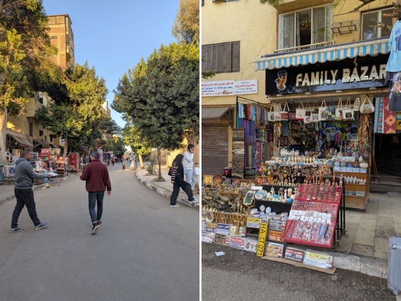 Image on the left shows people walking down a street lined with trees and stalls; image on the right shows items for sale at the Family Bazar