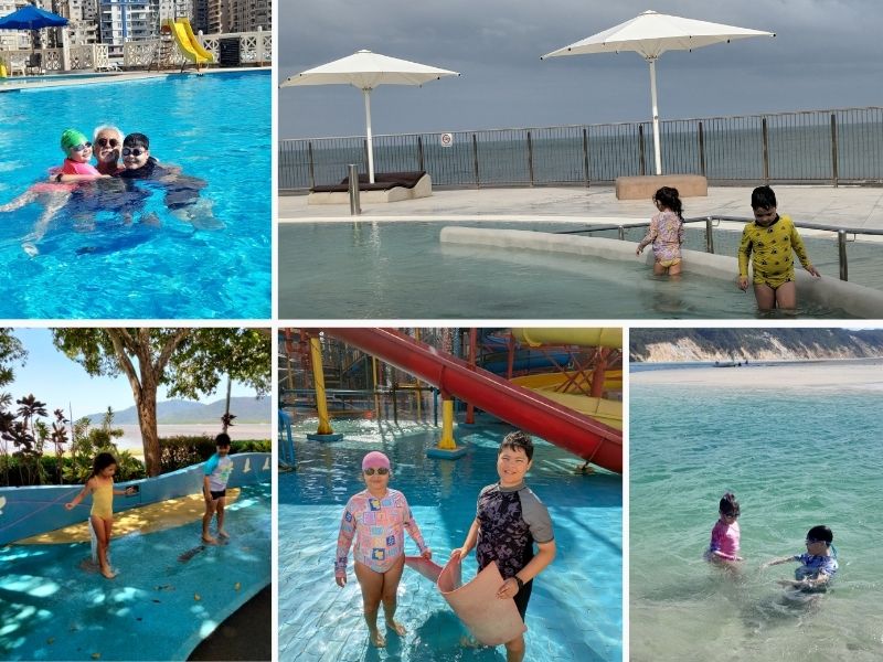 A collage of different holiday beach and pool shots with a young boy and girl. 