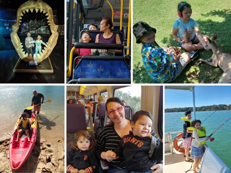 Day Trips Help Build Travel Capacity Collage of day trips including animal experiences, water sports, public transport