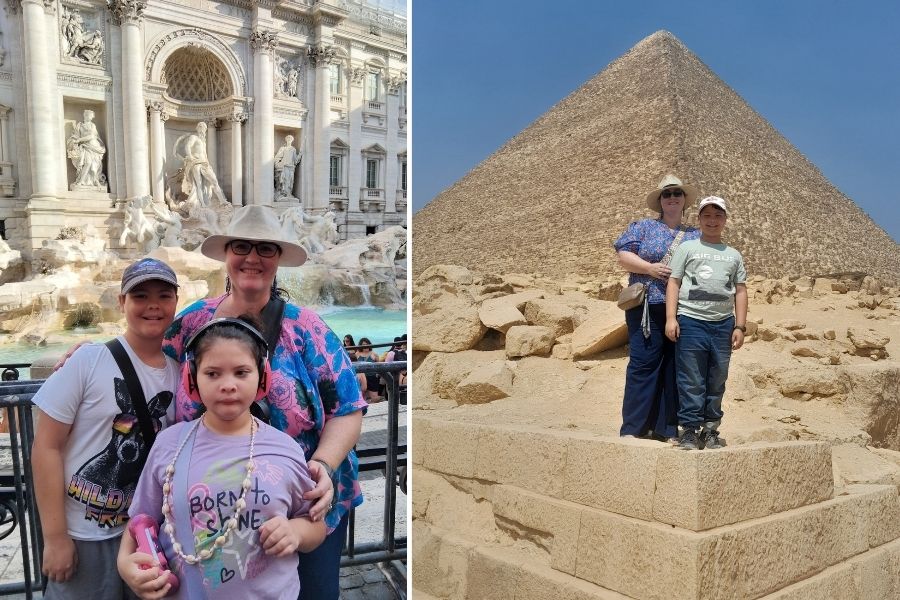 Image on left is a mother, son and daugther standing in front of the Trevi Fountain. On the right is a mother and son standing in front of one of the Pyramids of Giza