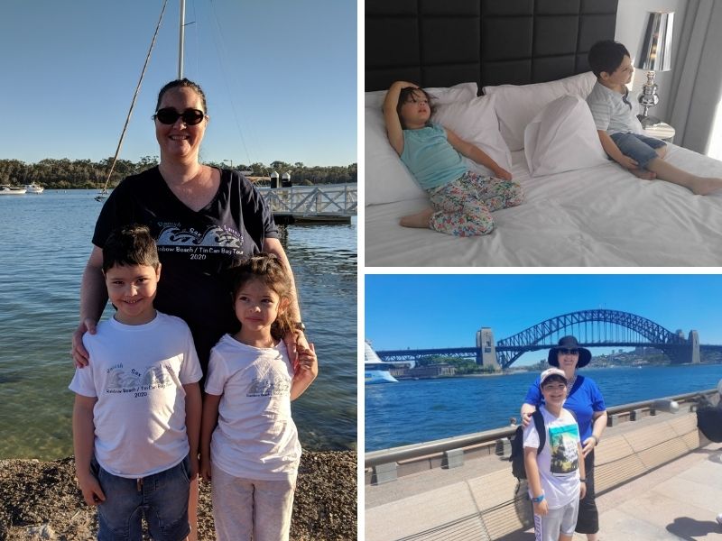 Collage of images from weekends away. Mother with son and daughter wearing matching shirts in front of a pier and water; young boy and girl on a hotel bed; mother and son in front of Sydney Harbour Bridge