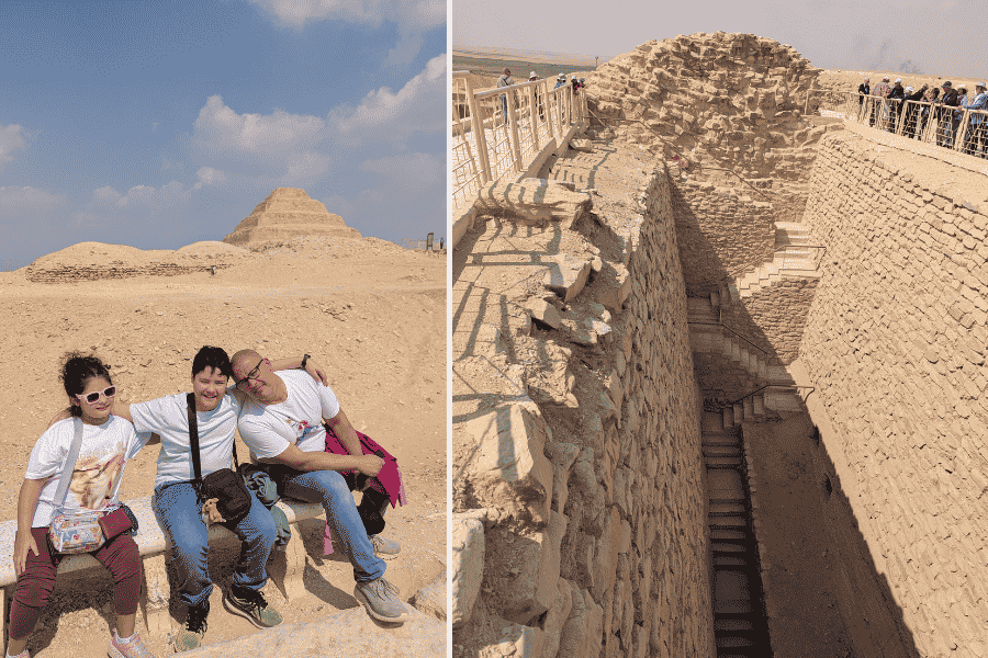 Image on left of a girl, boy and their father with the Pyramid of Djoser in the background. On the right is the stairs and pathways to get to the Southern Tomb at Saqqara