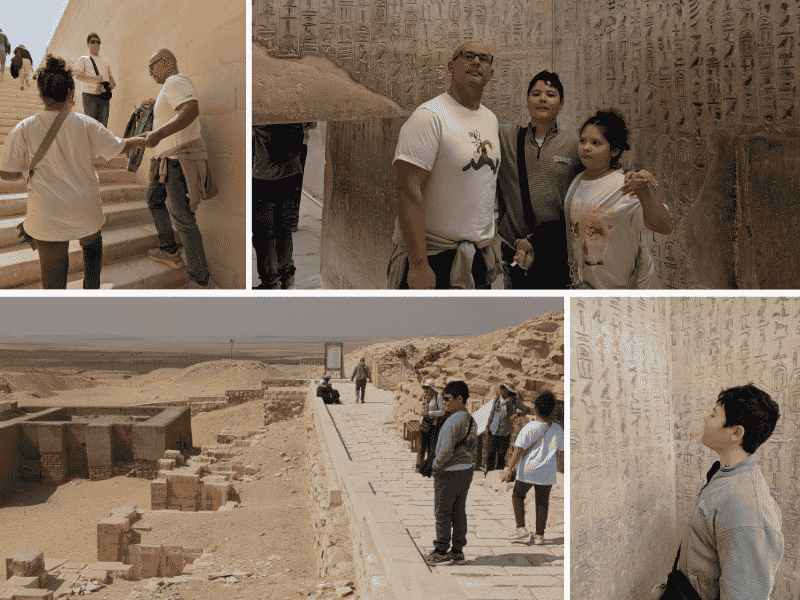 4 images. Top left shows a father helping his daughter up stairs at Saqqara, then father, son and daughter inside the south tomb with hieroglyphics in the background, bottom left shows the scale of walking around the complex and how large it is and the bottom right is a close up of a boy looking at the hieroglyphics in the South Tomb