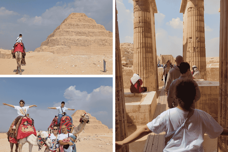 Left top shows boy riding a camel near the Step Pyramid of Djoser, bottom left is a girl and boy seated on a camel in front of Saqqara with parents infront holding the reins and the right side is a girl walking with her arms out as she enters the tall columns that lead to Saqqara archaelogical complex