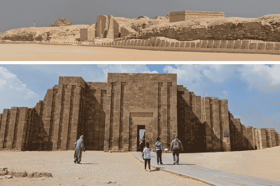 Top image shows the layout of Saqqara and the bottom image is the entry to the archaelogical site