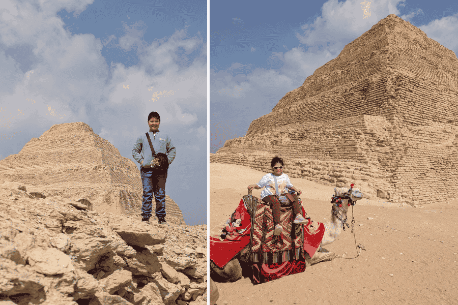 Image on left of a boy standing on a pile of rubble in front of Djoser Step Pyramid at Saqqara. Image on right of a girl sitting on a came in front of the Step Pyramid