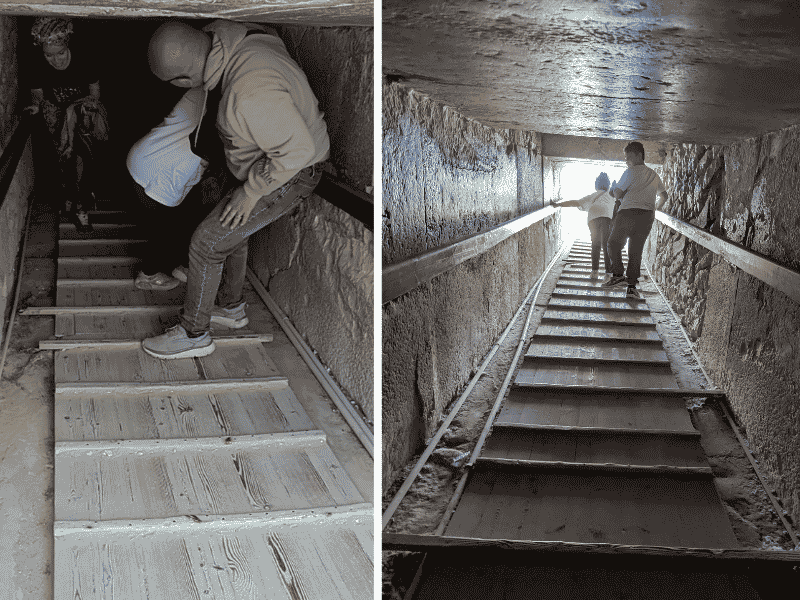 Image on the left of a man bent over walking down the access pathway to the South Tomb at Saqqara. Image on the right of a boy and girl leaving via the narrow, steep entrance
